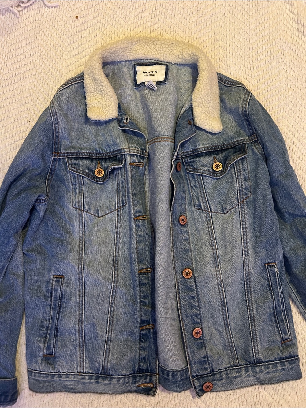 Forever 21 Light Blue Denim Jacket with Cream Sherpa Collar